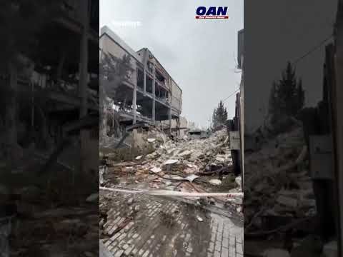 Destroyed buildings and rubble on the ground in Karaj, Iran
